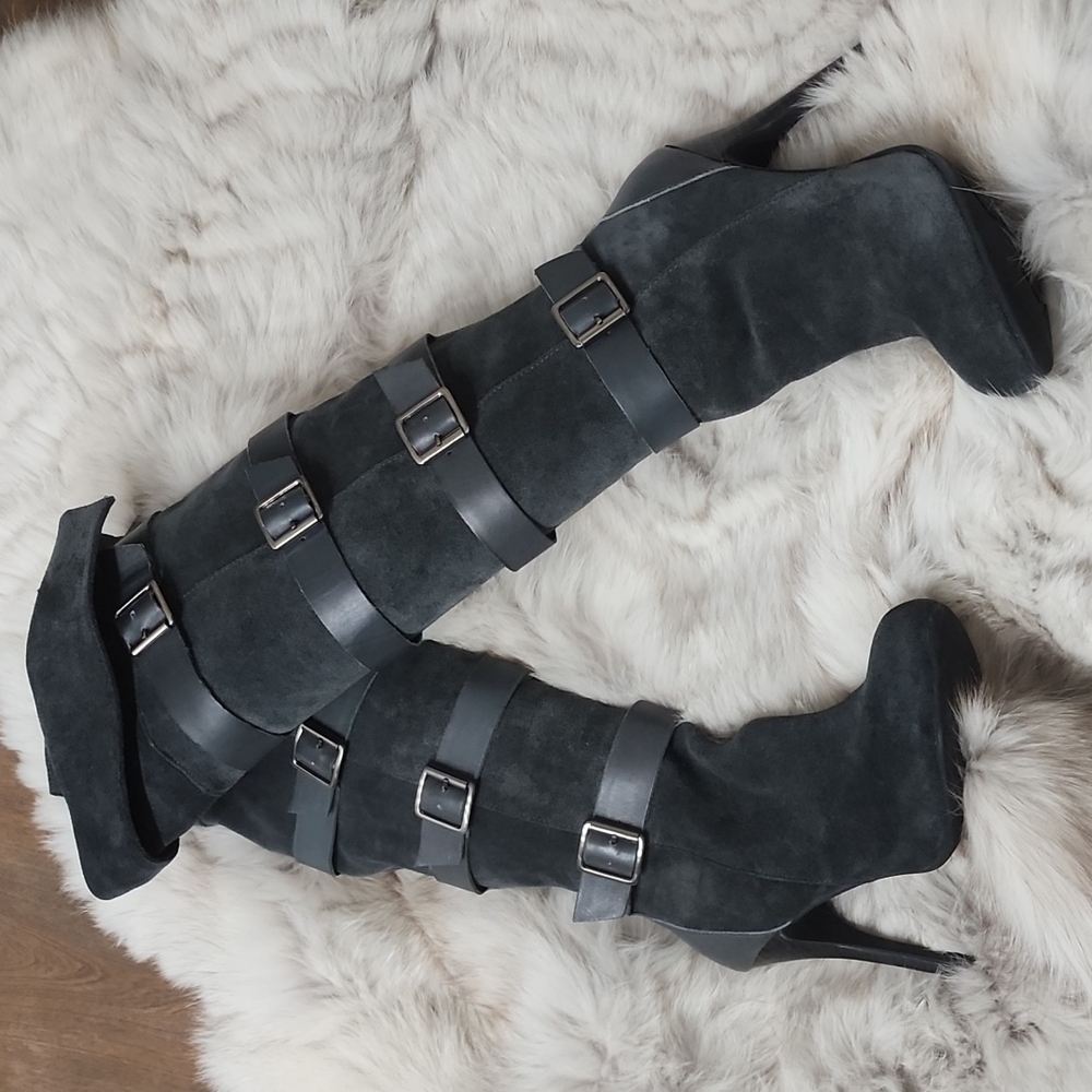 NWB BCBG GENERATION Blue Grey Buckle Suede Knee High Boots Sz 5M
